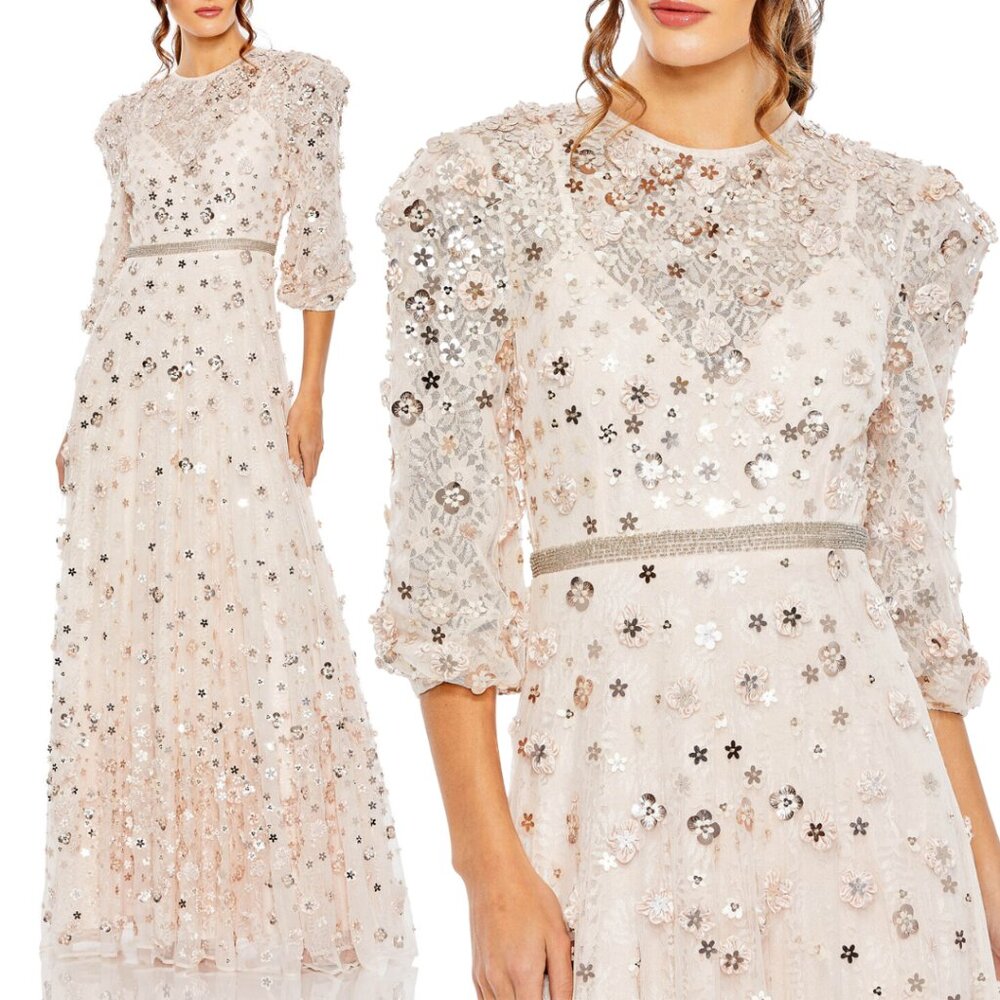 Mac Duggal 93805 Size 20 Pink Floral Puff Sleeve High Neck A-Line Gown Dress